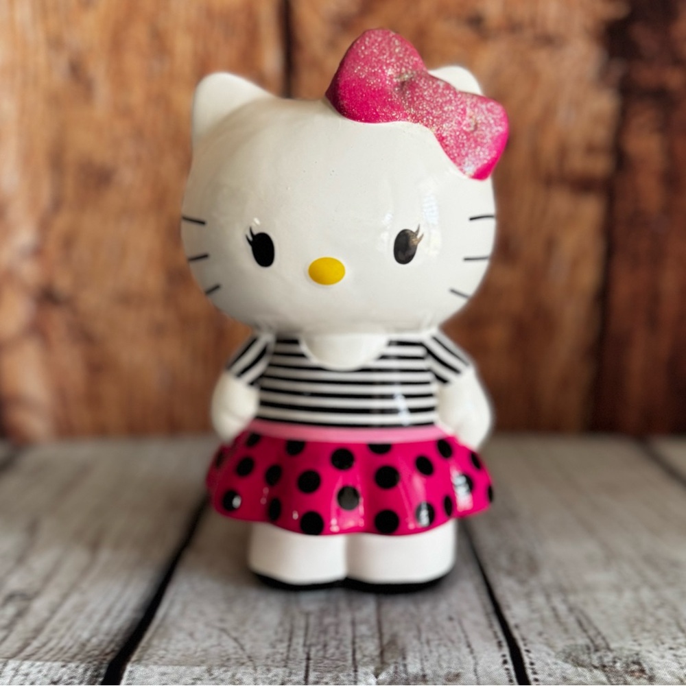 Hello Kitty Ceramic Piggy Bank Pink Polka Dot Skirt‎ Glitter Bow 8"